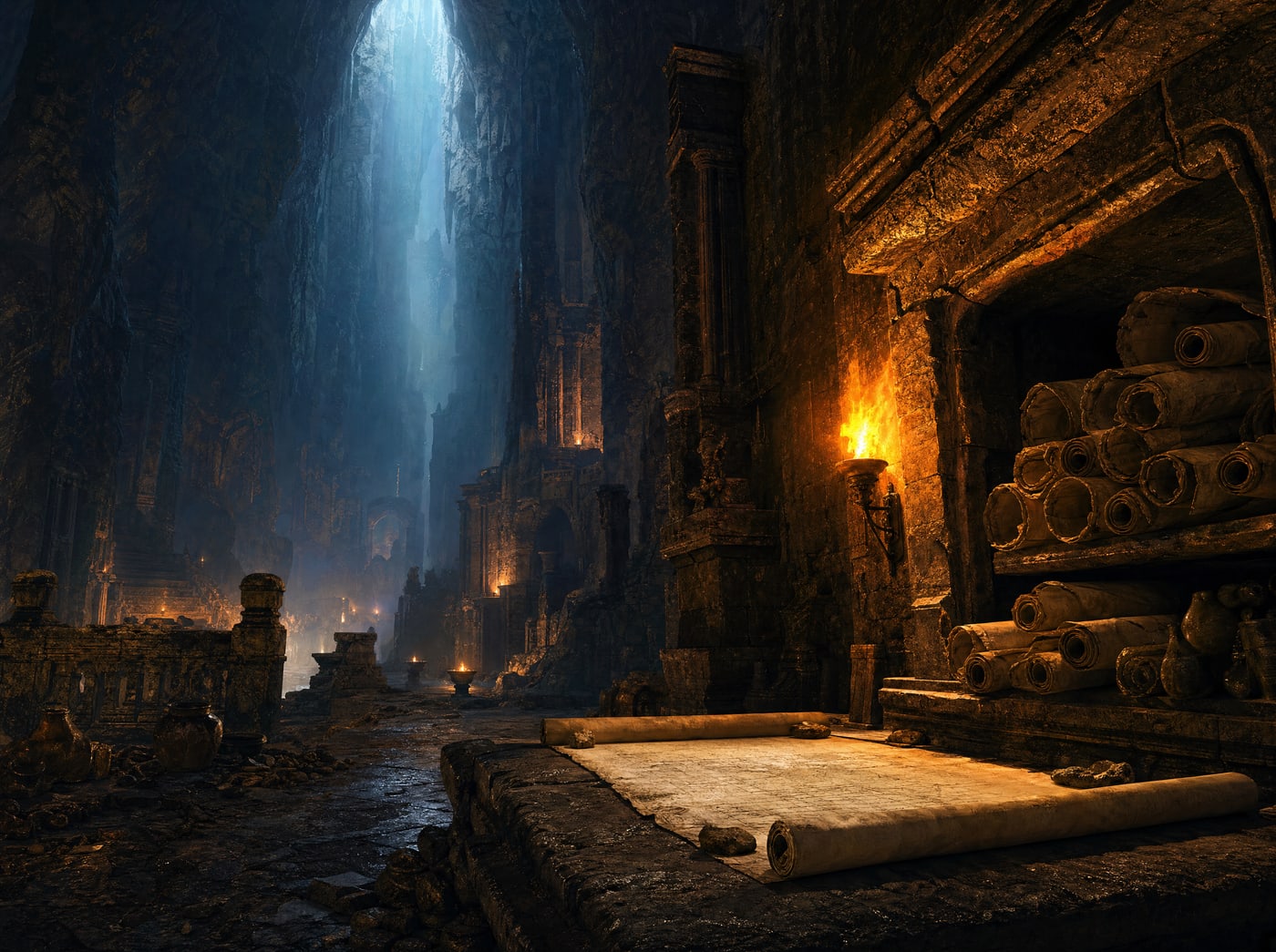 Rolled blank scrolls stacked in a stone alcove beside a torch, one pulled out, unrolled and weighted flat on the ledge below.
