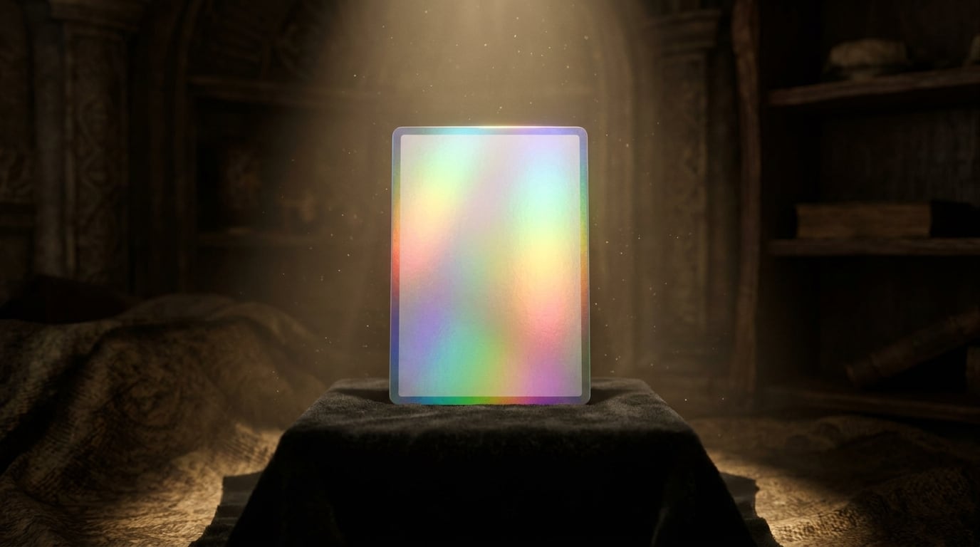 A rare holographic foil card glowing on a black velvet display stand under a spotlight