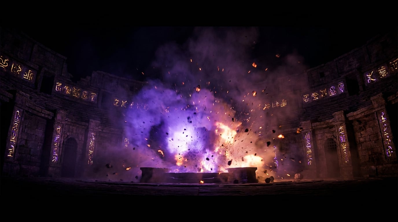 A violet detonation of light erupting across a ruined stone arena, embers thrown into the dark