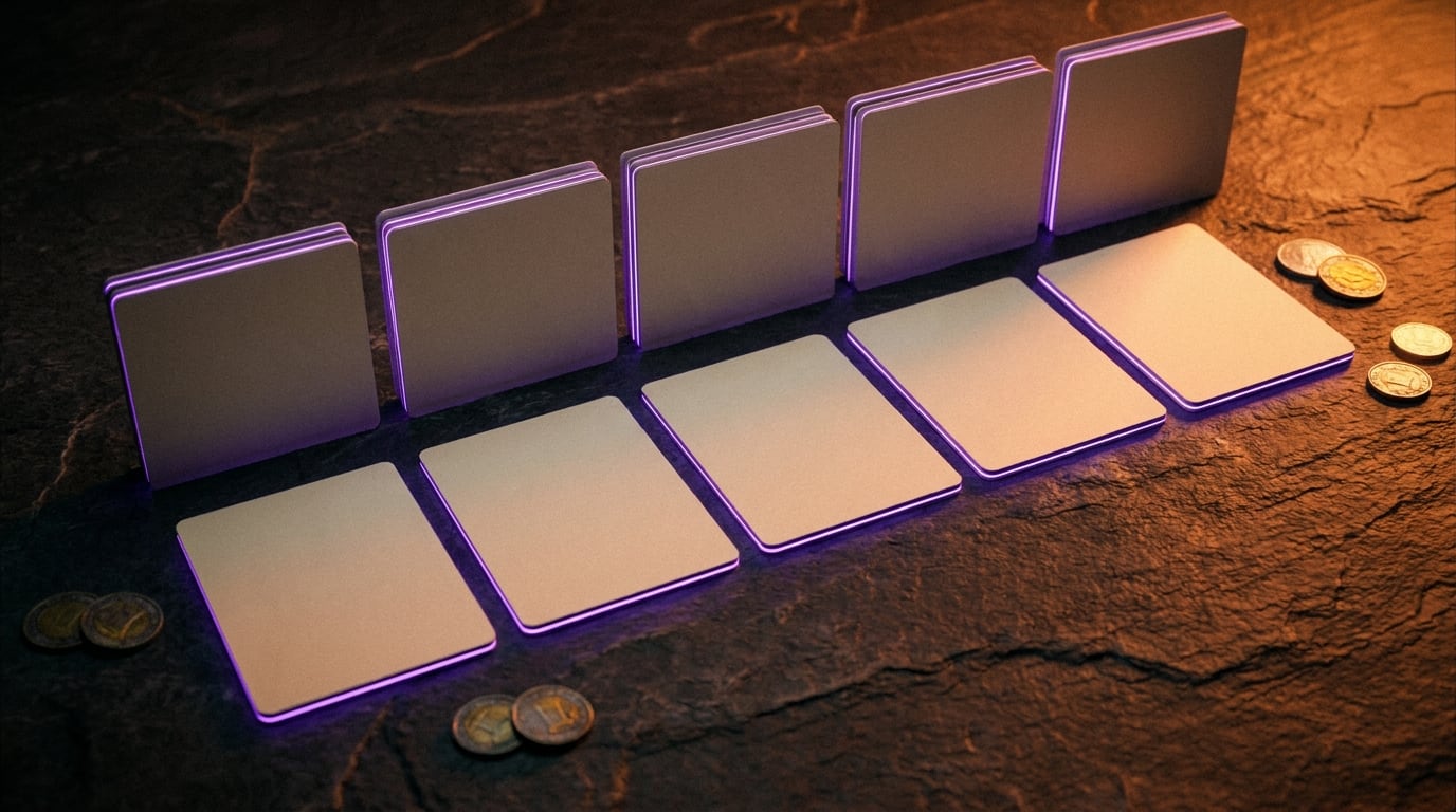 Ten blank cards laid out in two neat rows on rough stone, edges lit violet