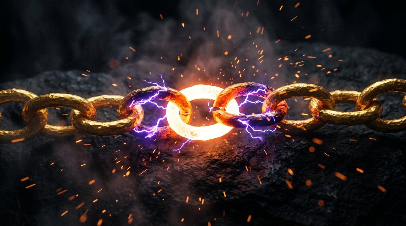 A heavy gold chain stretched taut, its centre link glowing white-hot orange while violet lightning arcs across the charred links on either side