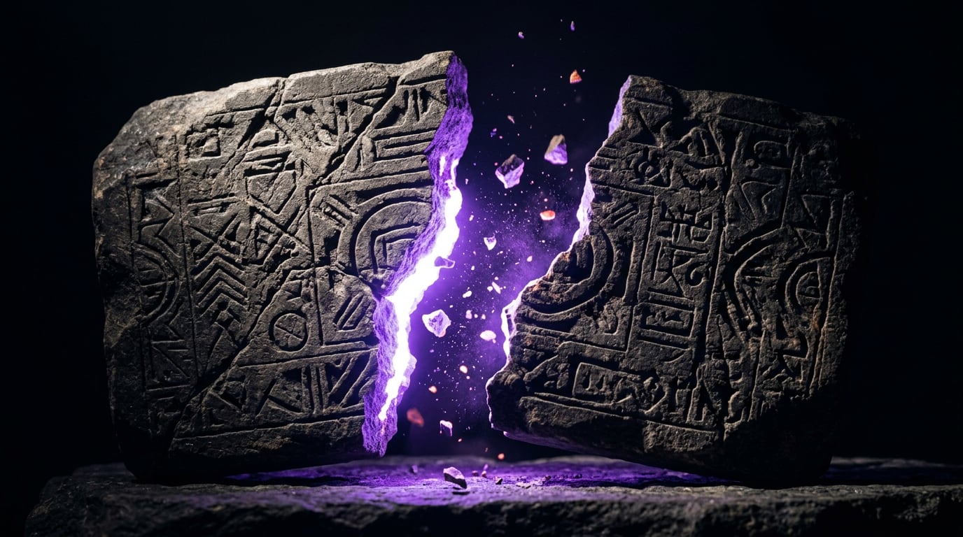 A carved stone tablet split down the middle, violet light pouring out of the fracture