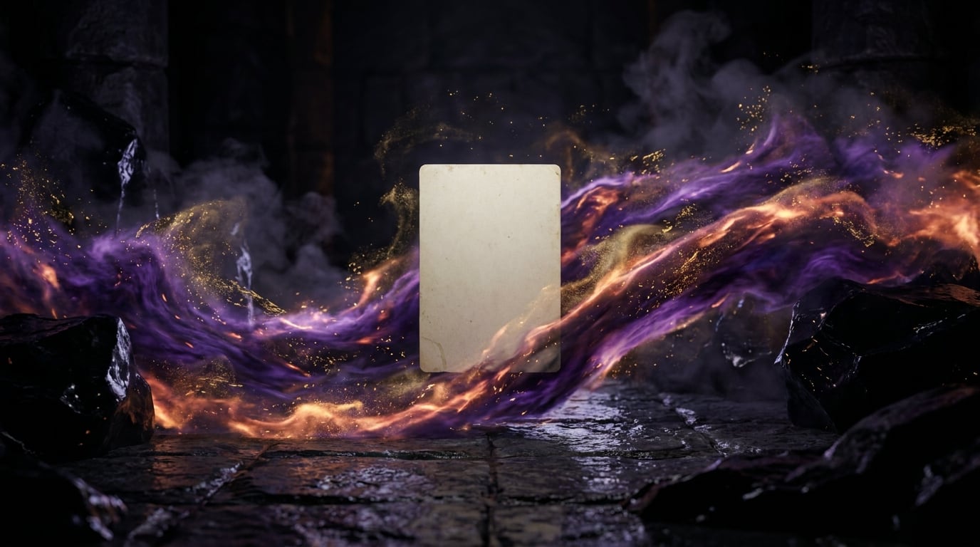 A single blank card suspended in a swirling ribbon of violet and gold energy above wet stone