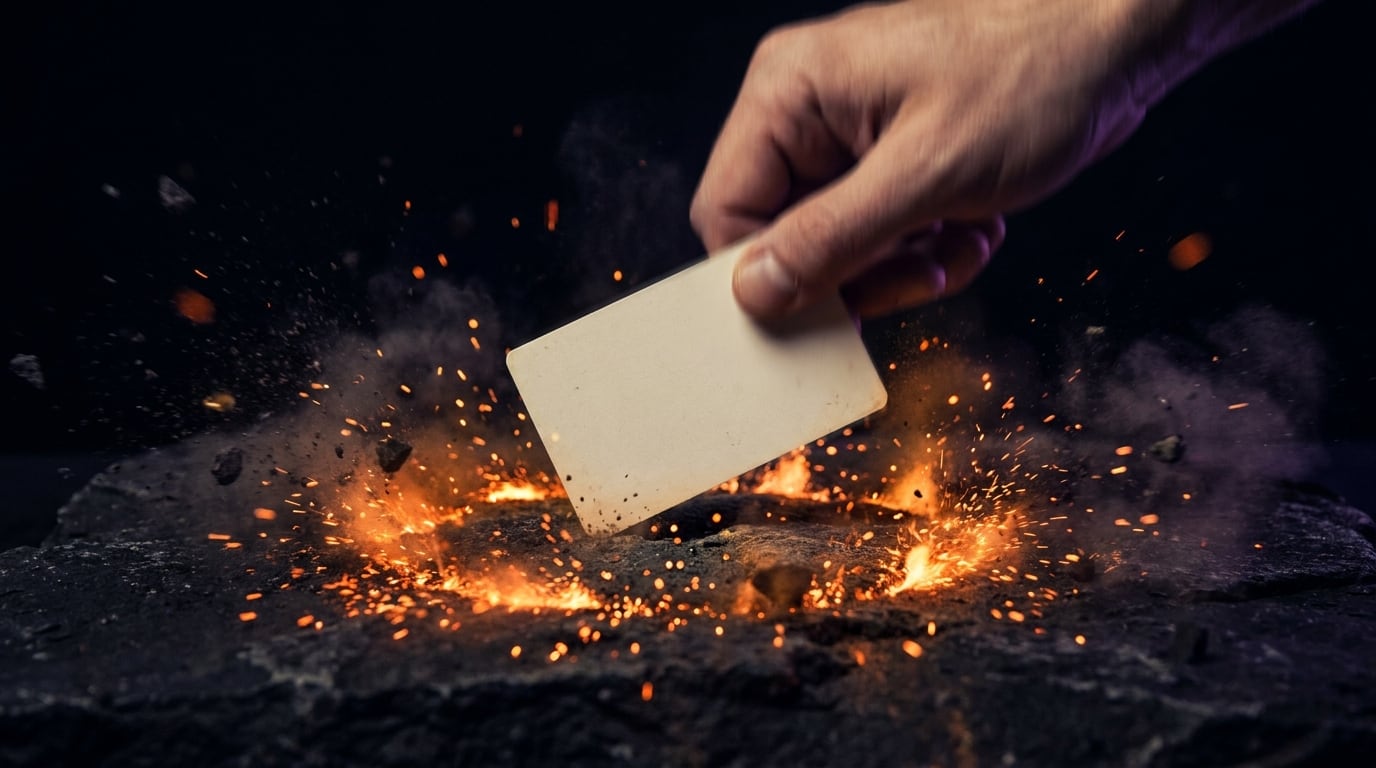 A hand slamming a blank card down into a burst of embers on a scorched stone floor