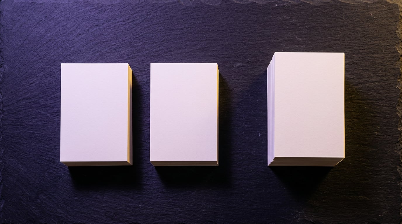 Three neat stacks of blank cards of different heights on a dark violet surface