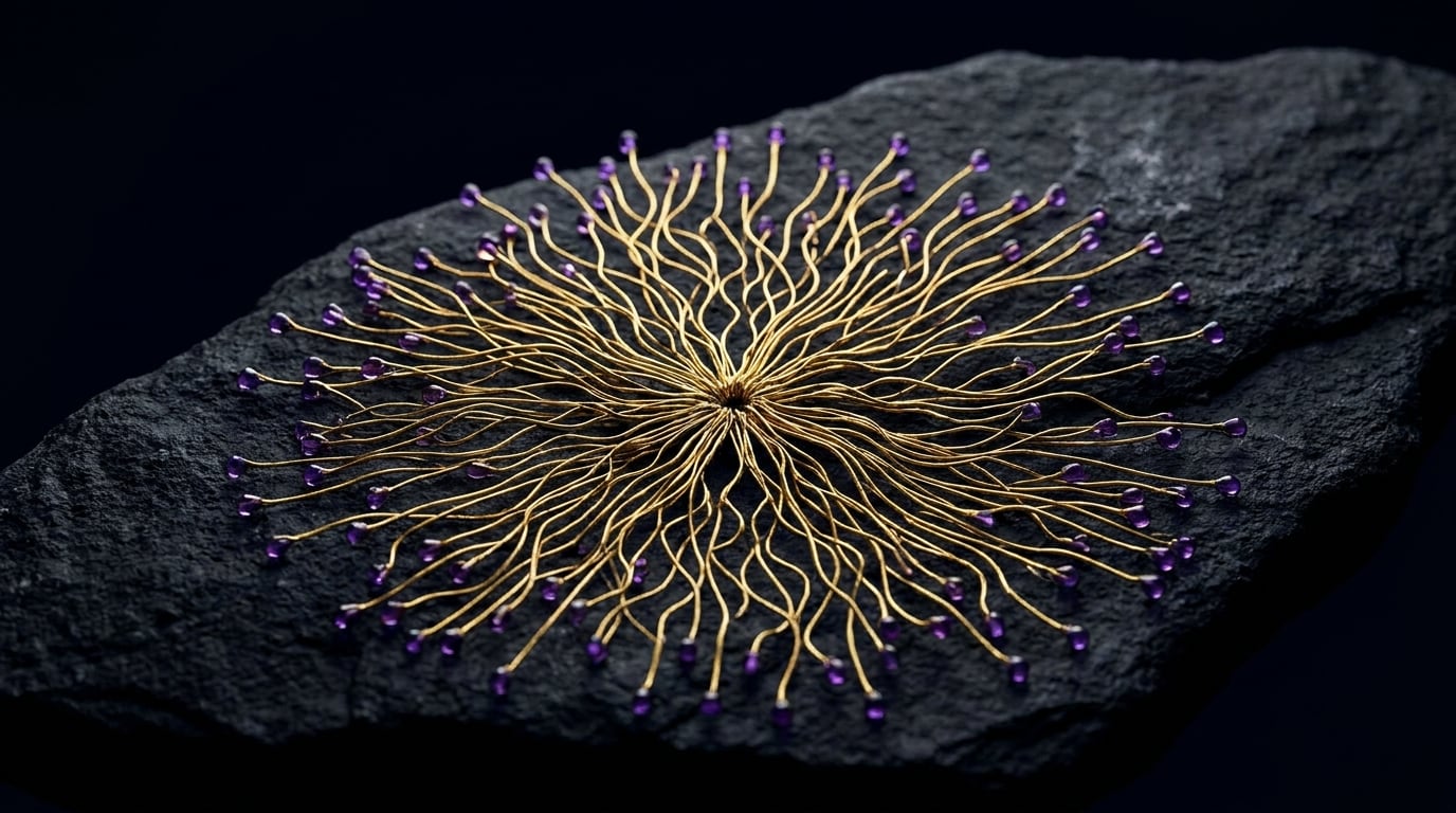 A burst of fine gold filaments radiating out from a single point on a dark stone slab
