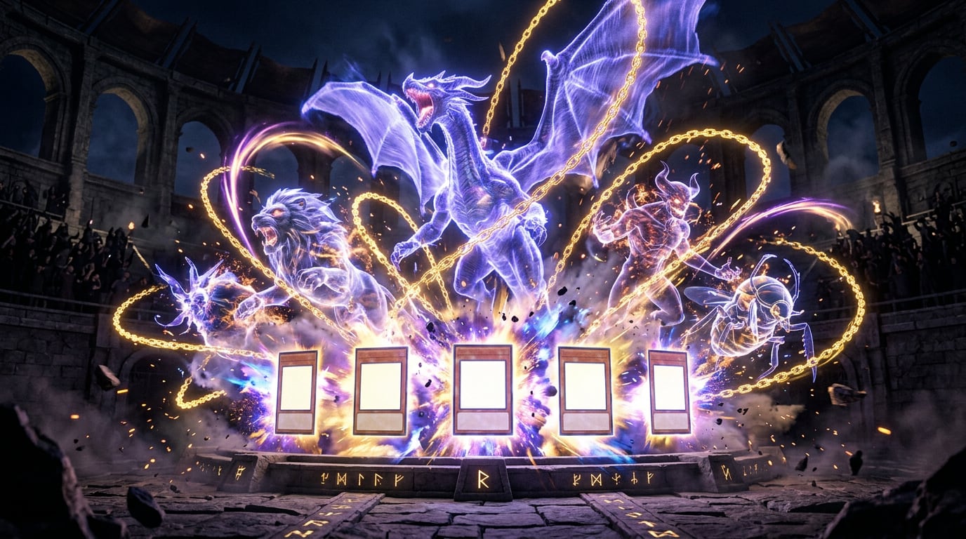 Holographic monsters and chains of energy erupting from a row of blank cards mid-duel