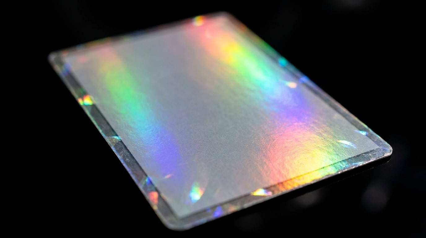 A holographic foil card lying flat under a raking light, its rainbow pattern breaking across the surface