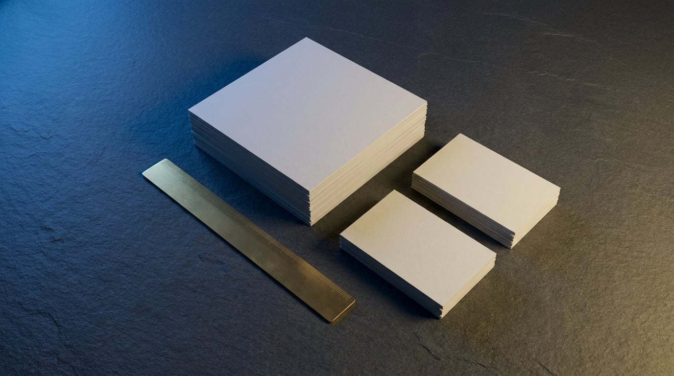 Three stacks of blank cards on dark slate beside a brass ruler — one tall square block behind, two smaller cream stacks in front