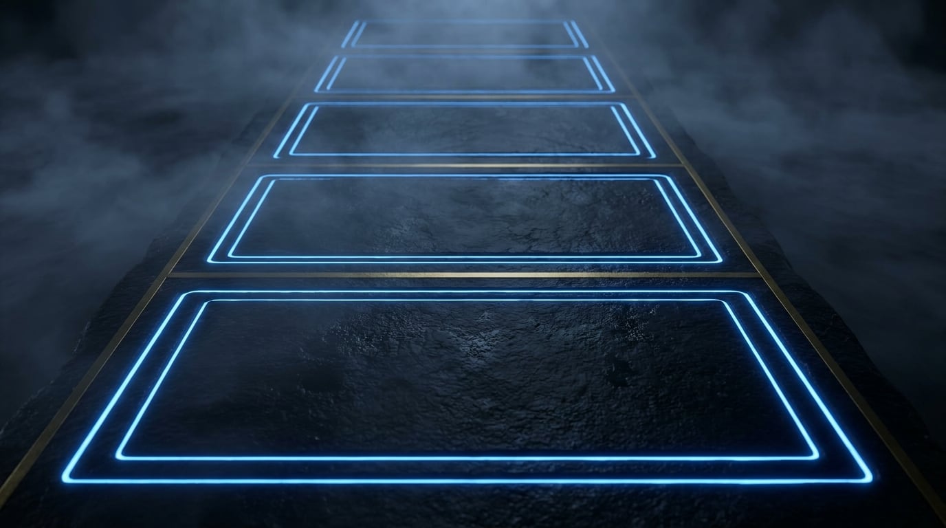 A duel field marked out in glowing blue outlines across a dark stone floor, receding into mist