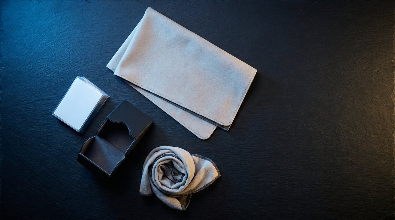 Sleeves, a deck box and two soft cloths laid out on dark slate