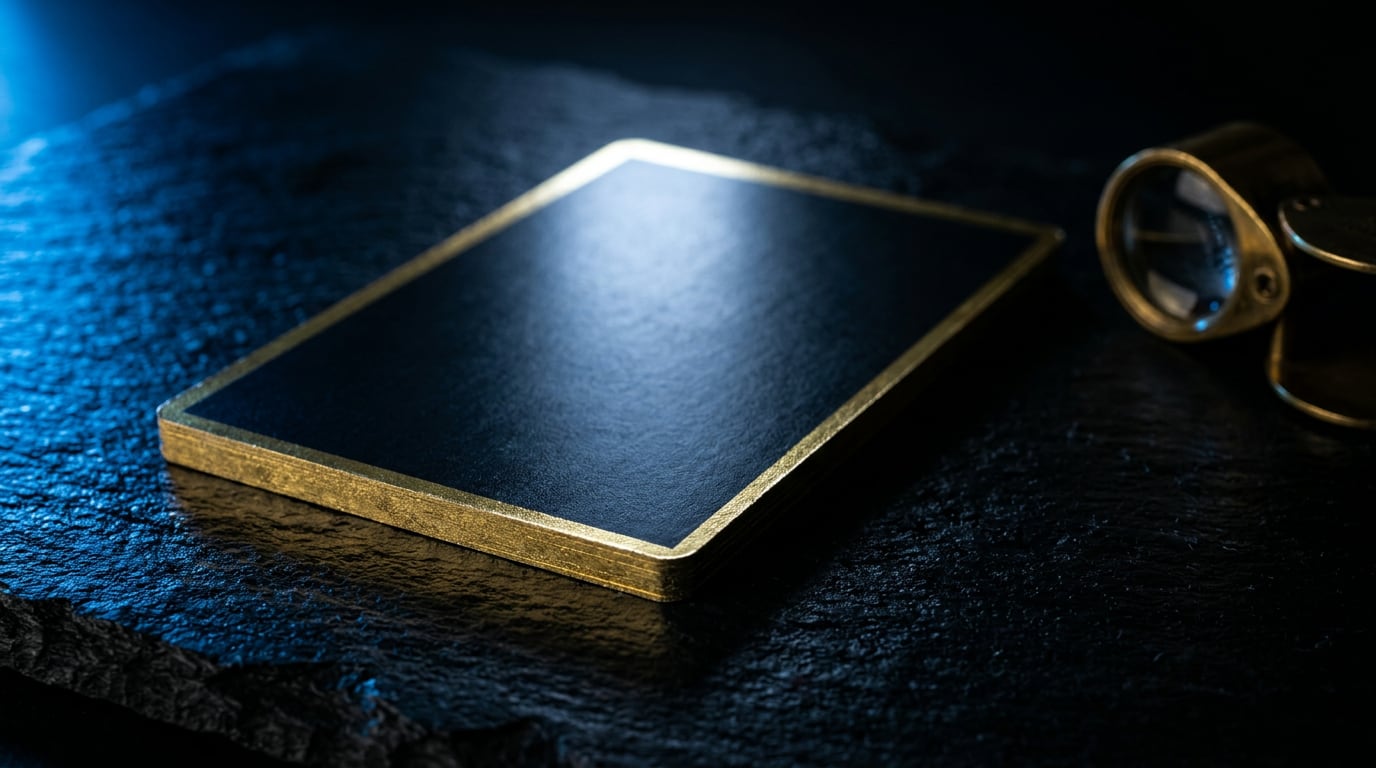 A thick gilt-edged block of cards on rough dark slate, lit blue from the left, a jeweller's loupe beside it