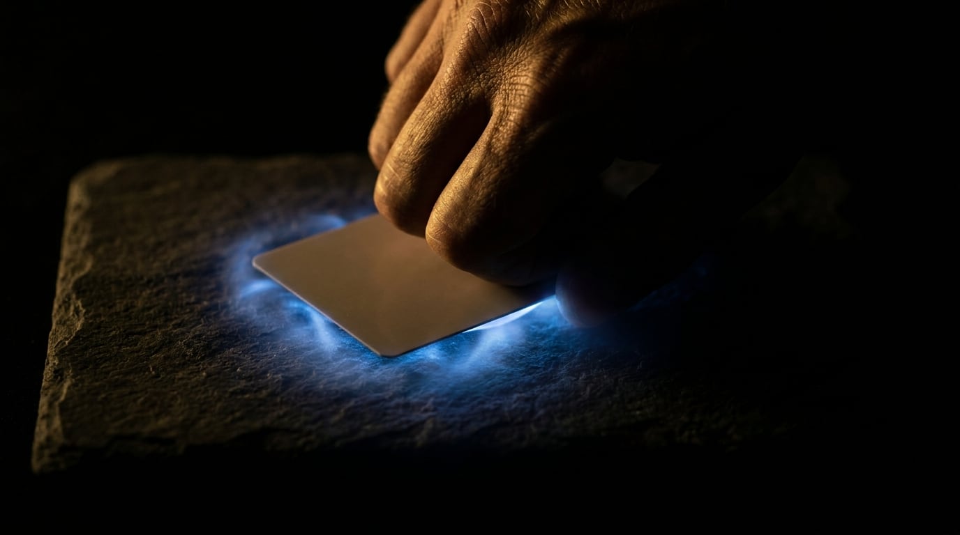 A hand setting a single card face down on a stone surface, blue light glowing out from beneath it