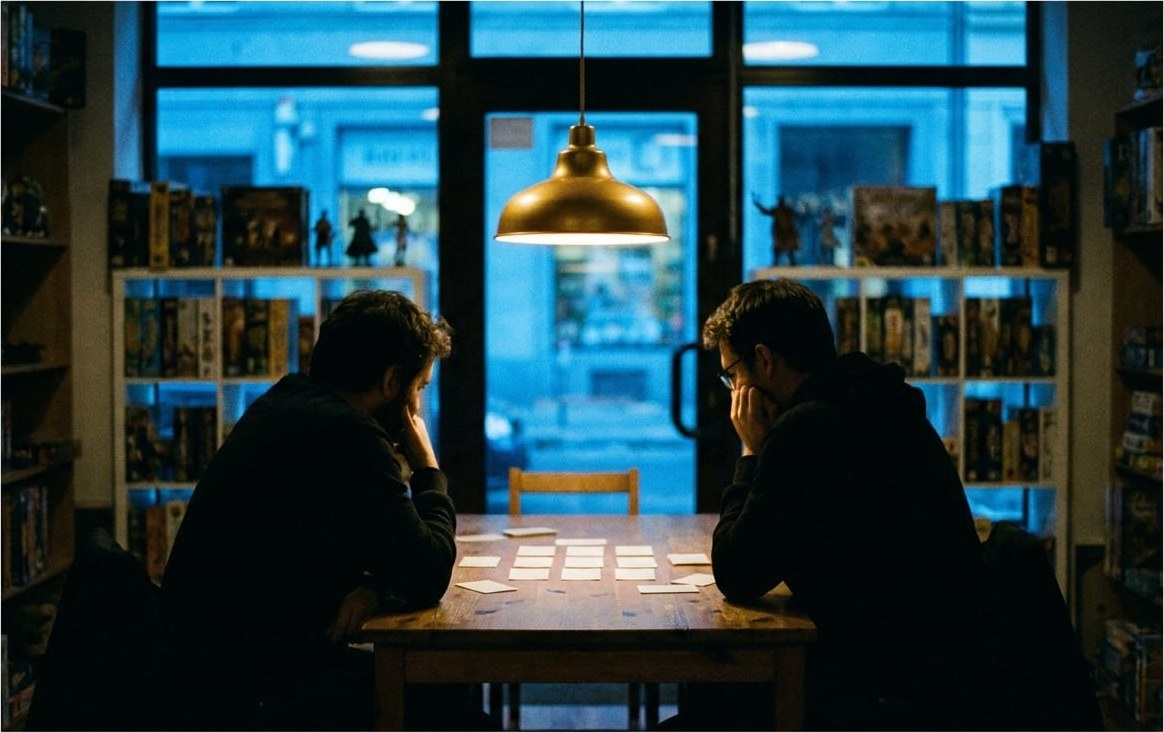 Two players facing each other across a game-shop table at night, a row of cards between them under a brass pendant lamp