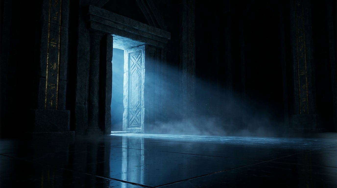 A tall lit doorway at the end of a dark carved stone corridor, cold blue light spilling across the floor