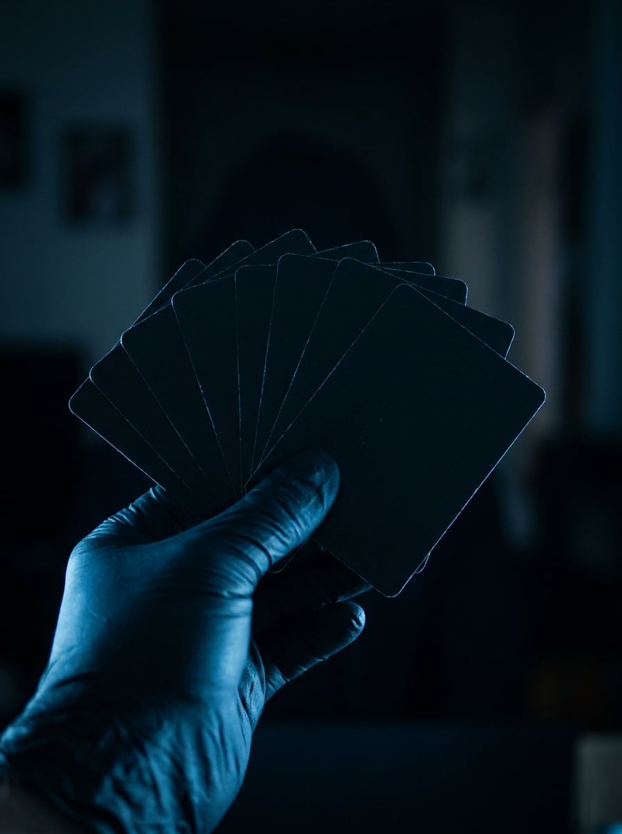 A fanned hand of blank dark-backed cards held against a black background