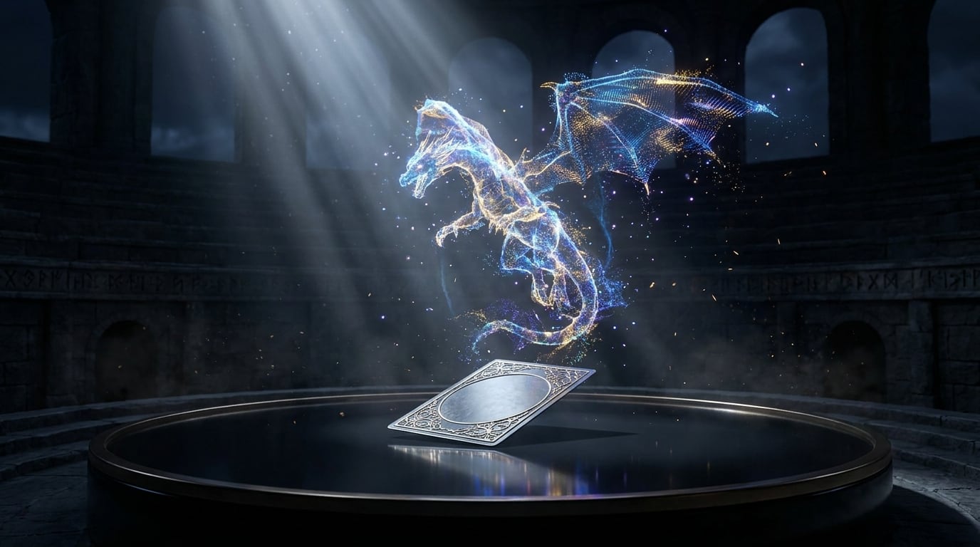 A holographic dragon of light erupting from a blank trading card on a dark rune-carved dueling arena