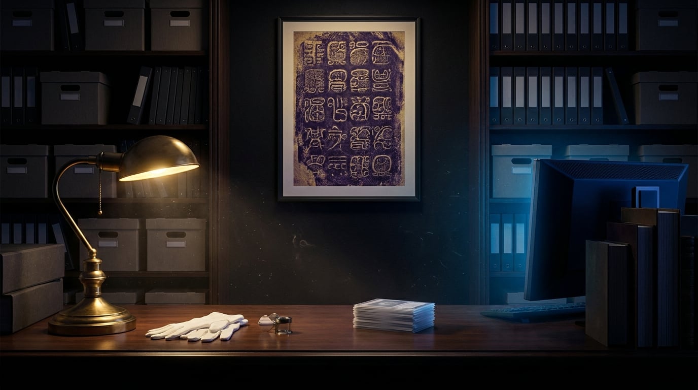 Ian's archive at night — a gold desk lamp, cotton gloves and a loupe beside a stack of sleeved cards, a framed rubbing of carved glyphs on the wall behind
