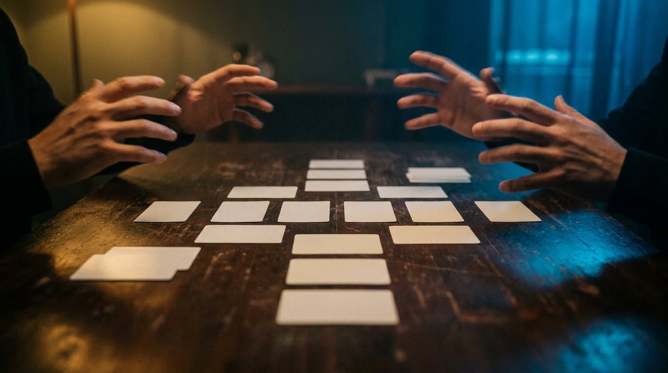 Two duelists' hands across a table of face-down cards