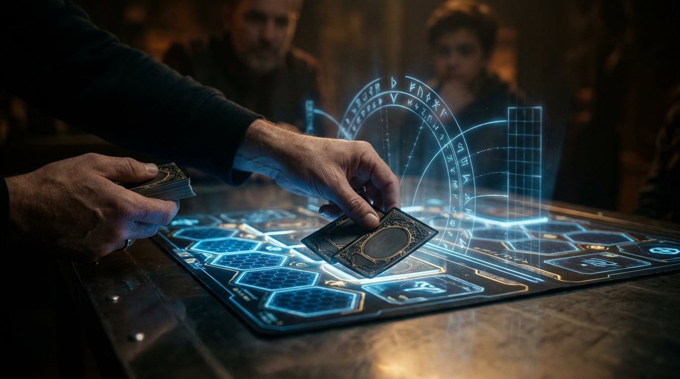 Hands laying blank cards onto a glowing hexagonal duel mat