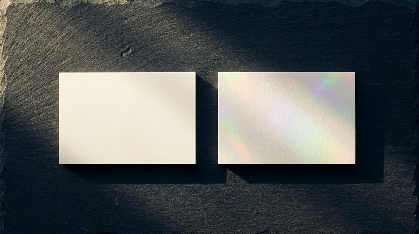 Two identical blank cards side by side on grey slate, one matte and one catching a full rainbow of foil
