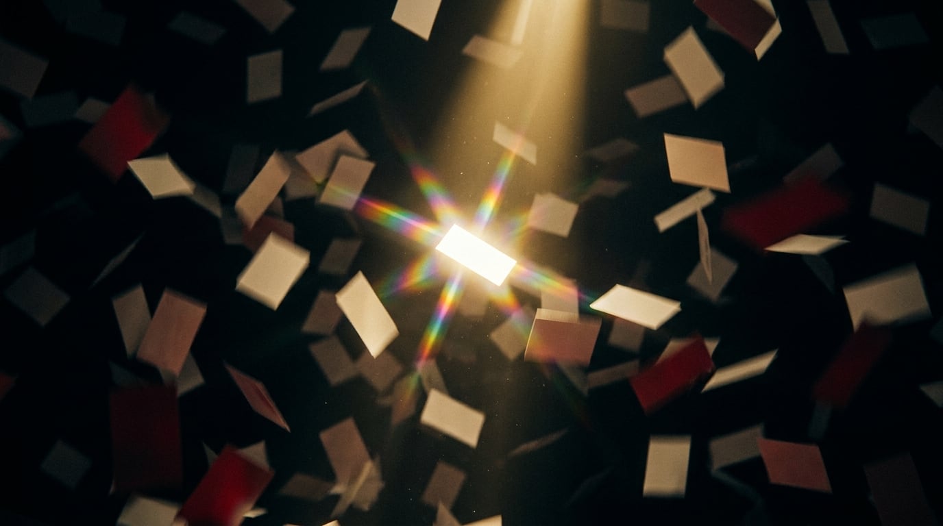 Dozens of cards tumbling through a shaft of gold light against a black background