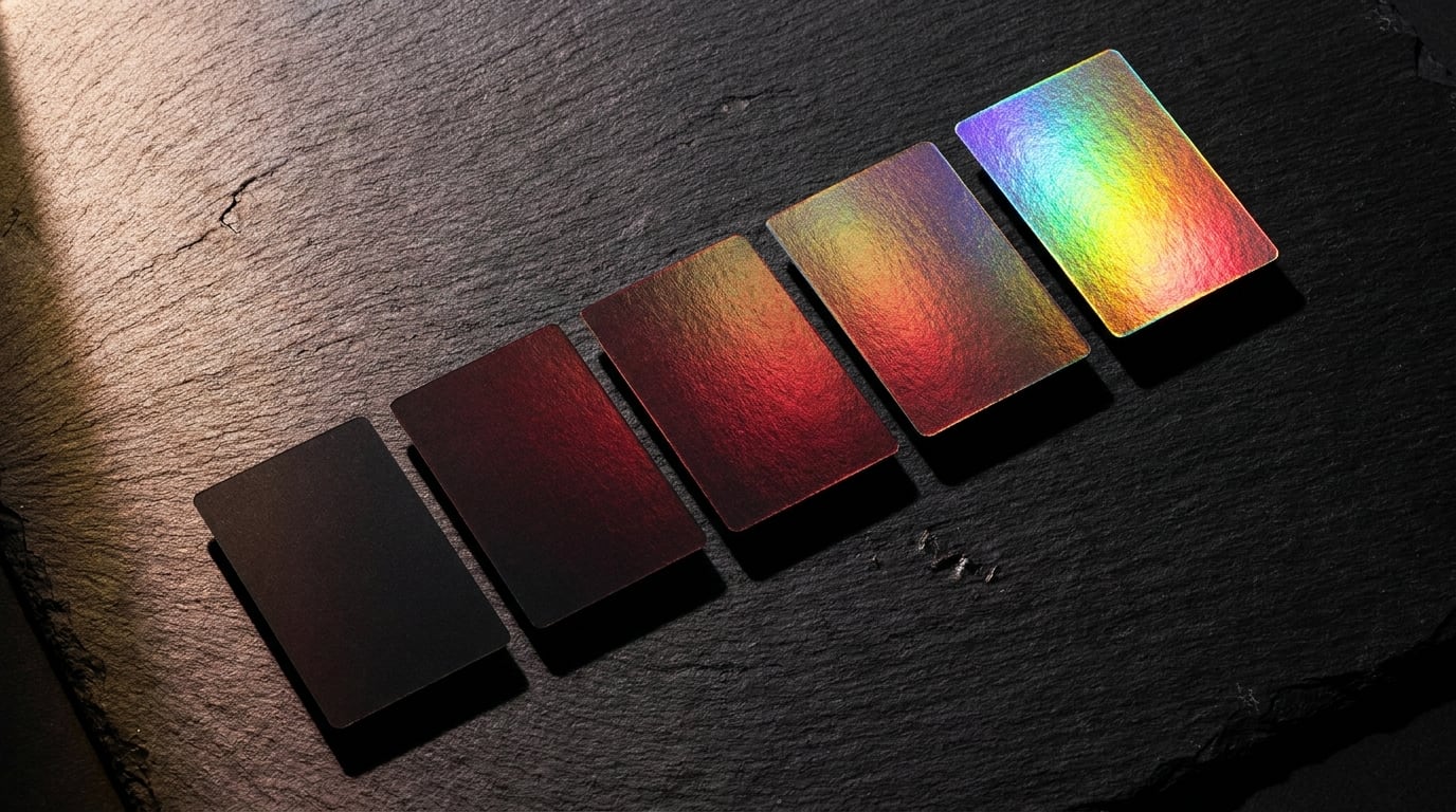 Five blank cards fanned across dark slate, each catching progressively more rainbow foil