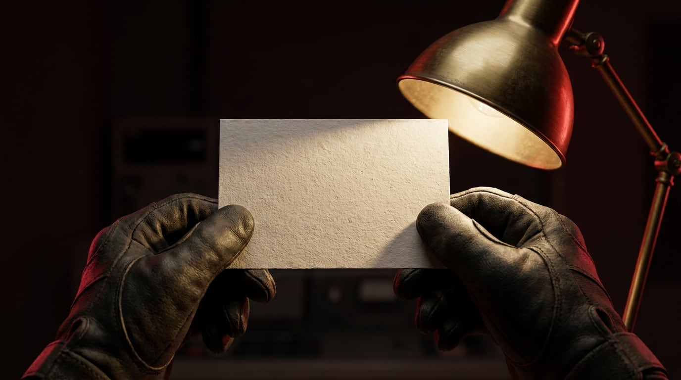 Gloved hands holding a blank card up to a brass desk lamp, tilting it against the light