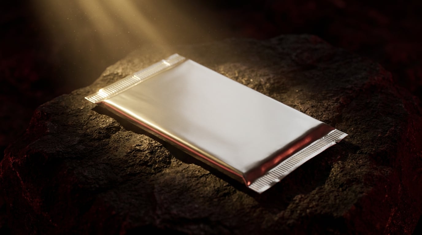 A single sealed foil pack lying on a slab of dark stone under a hard raking light