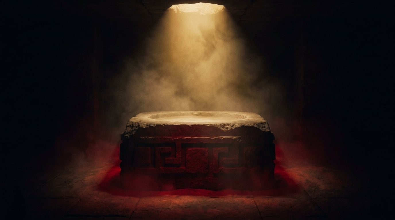 An empty stone plinth in a cone of gold light, mist drifting across a dark red floor