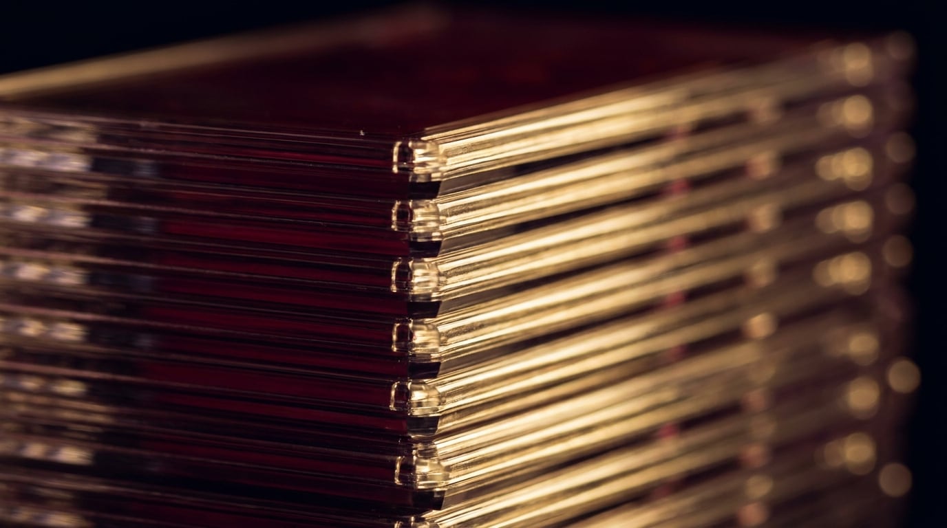 A tight stack of graded card slabs seen edge on, red labels glowing under warm light