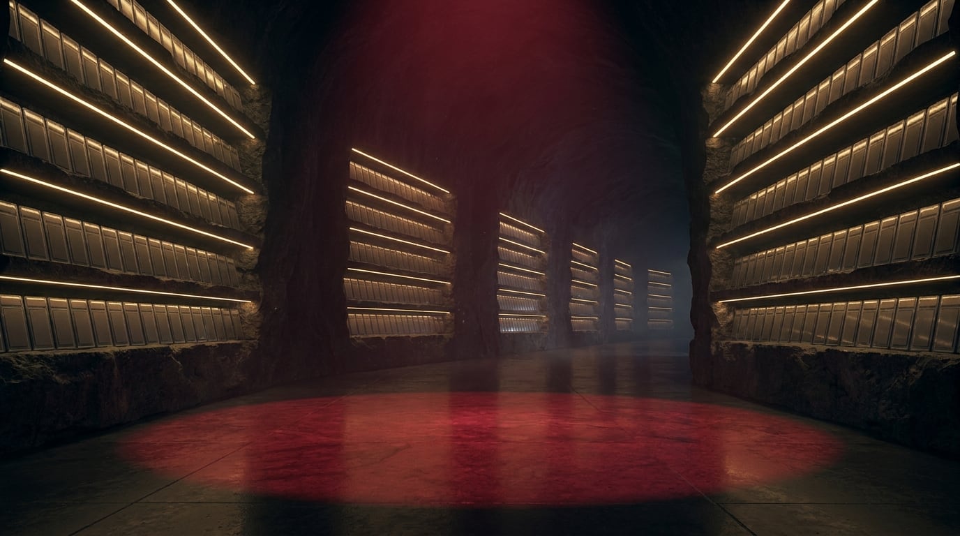 A long vault corridor lined with lit gold shelving, an elliptical pool of red light on the bare stone floor
